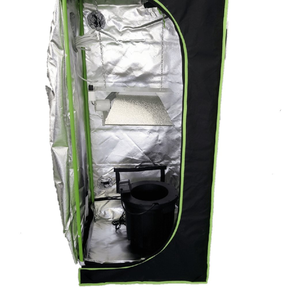 Tall narrow grow tent with door open showing silver lining, hanging light shade and single pot
