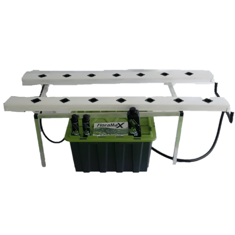 Twin-channel NFT system on stands with reservoir and nutrients