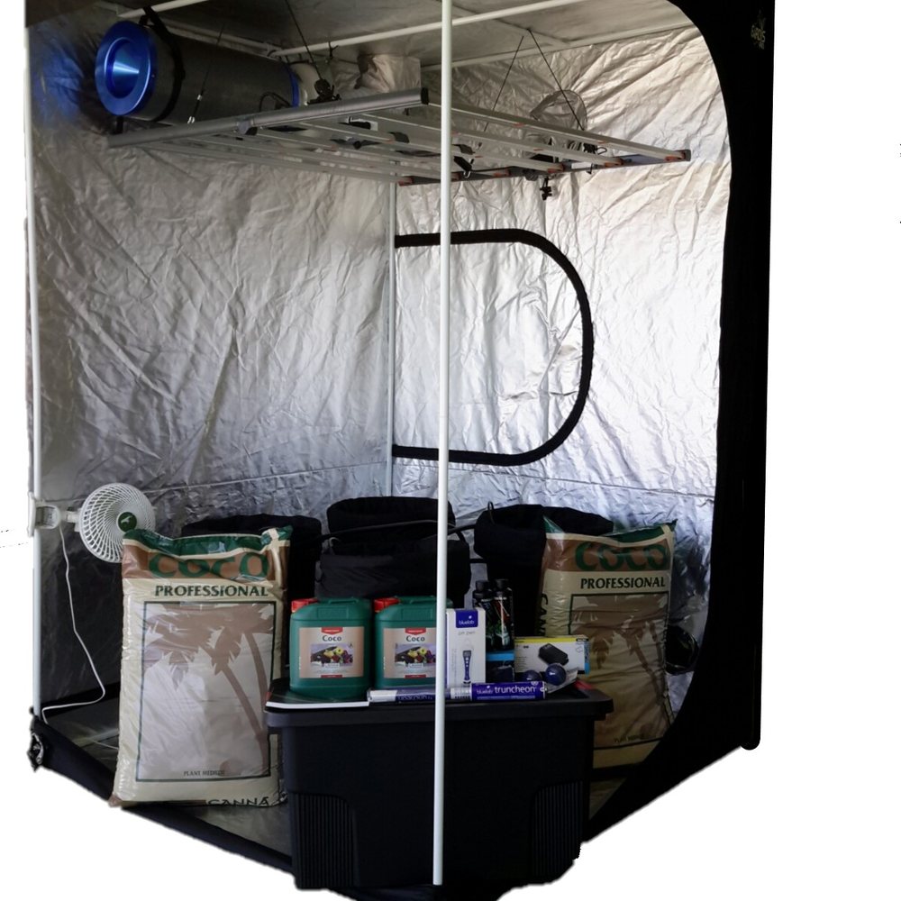 Air and climate kit laid out: LED light, blue inline fan with silver ducting, fabric pots and pH testing kit